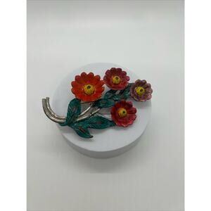 Vtg estate sale flower brooch red orange painted